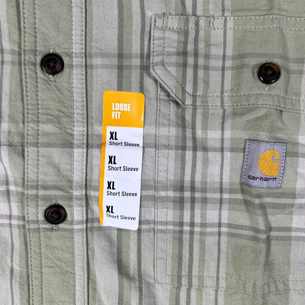 Carhartt Shirt Mens XL Light Green Loose Fit Midweight Short Sleeve Plaid New - Picture 8 of 10